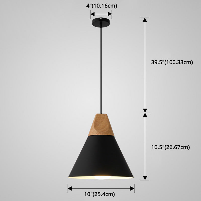 Metal Tapered Hanging Light - Nordic Style 1-Light Restaurant Pendant Lamp With Wooden Top
