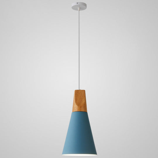 Nordic Style Metal Hanging Ceiling Pendant Lamp With Wooden Top - 1 Light Restaurant Lighting Blue /