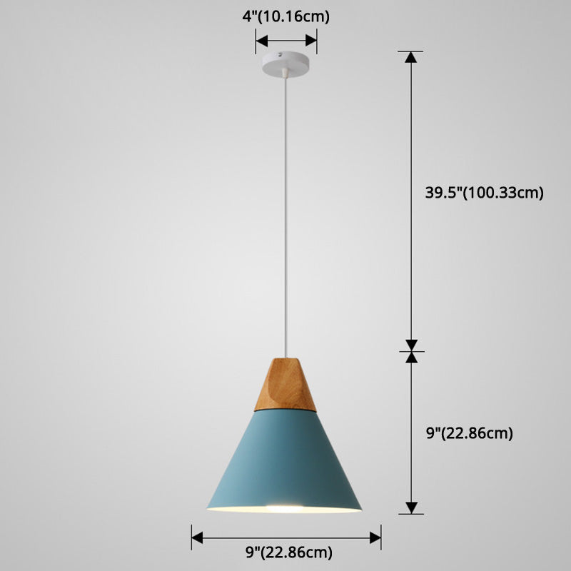 Metal Tapered Hanging Light - Nordic Style 1-Light Restaurant Pendant Lamp With Wooden Top