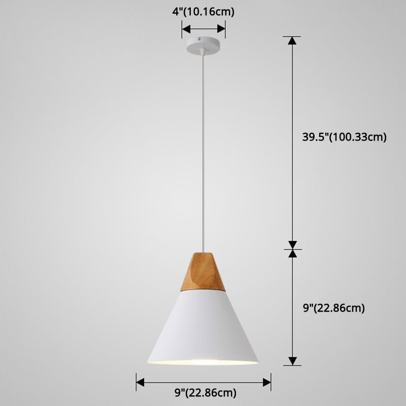 Metal Tapered Hanging Light - Nordic Style 1-Light Restaurant Pendant Lamp With Wooden Top