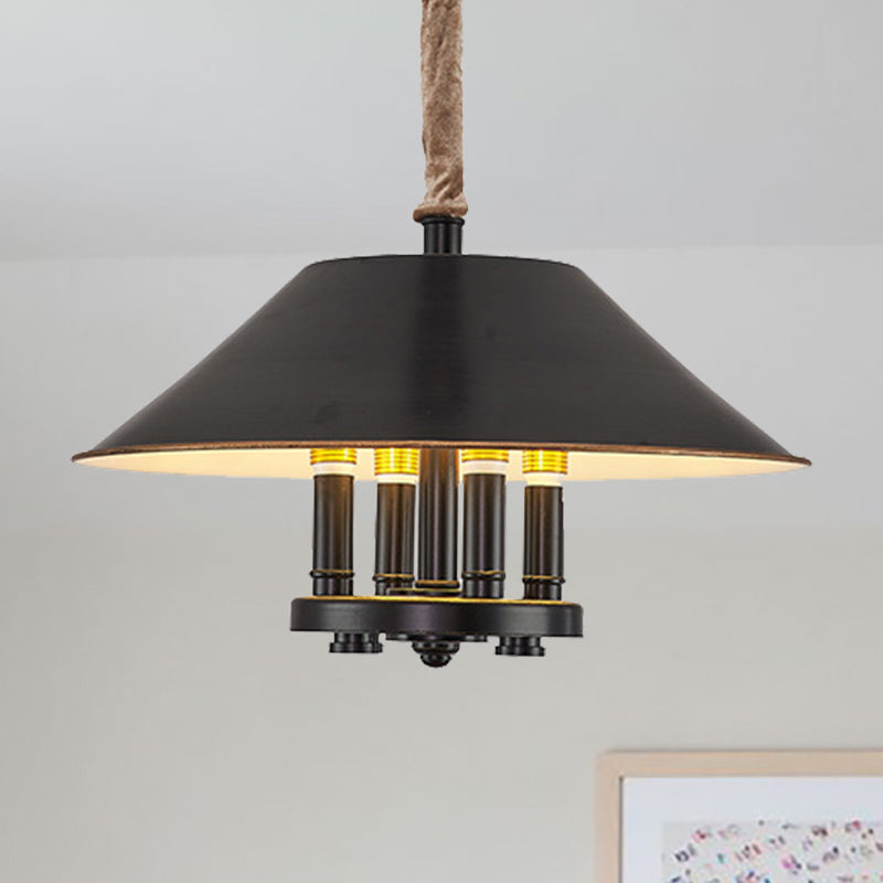Vintage Black Cone Shade Chandelier With 4 Lights - Metal Pendant Lamp For Dining Room