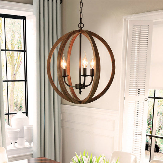 Industrial 3-Light Wooden Sphere Chandelier Pendant For Dining Room In Brown