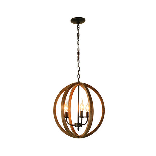 Industrial 3-Light Wooden Sphere Chandelier Pendant For Dining Room In Brown