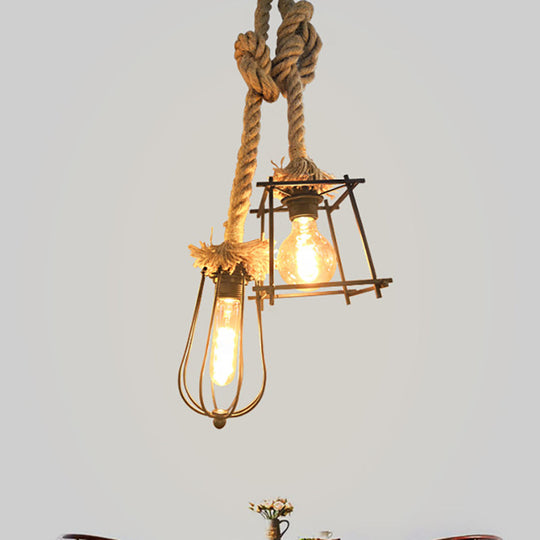 Lodge Style Black Caged Ceiling Fixture With Metal And Rope Hangings - 2 Lights Unique Shade For