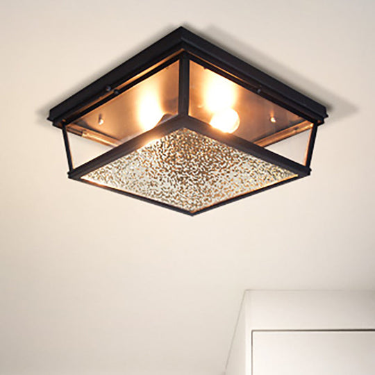Industrial Flush Ceiling Fixture With Frosted Glass - 2 Lights Black Finish