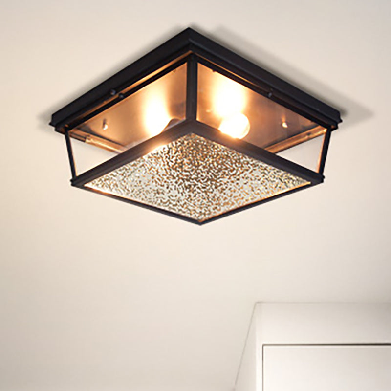 Industrial Flush Ceiling Fixture With Frosted Glass - 2 Lights Black Finish