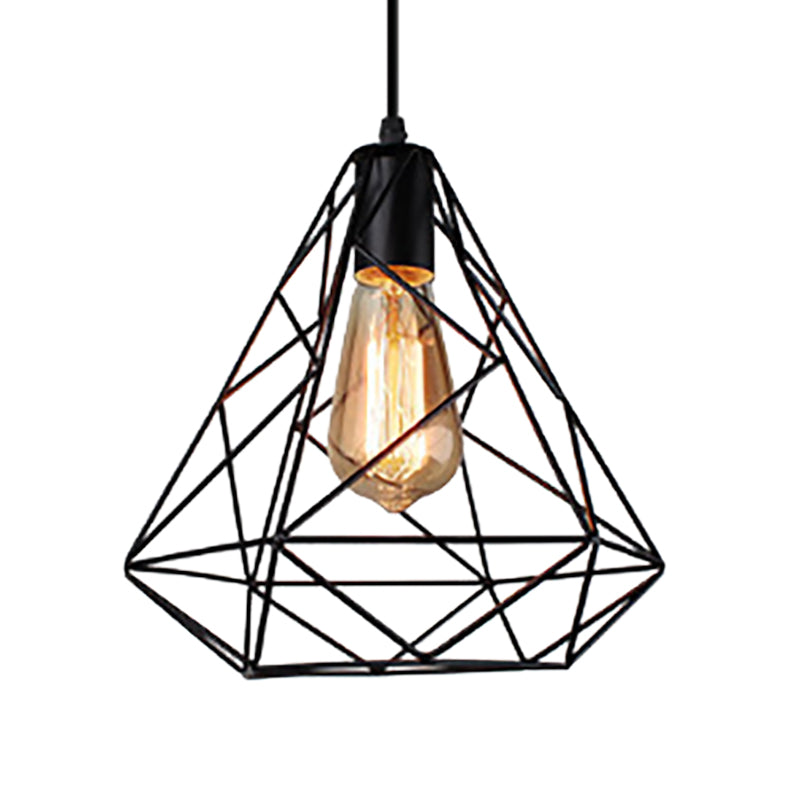 Hanging Diamond Shade Metal Kitchen Ceiling Light With Farmhouse Style And Wire Frame In Black