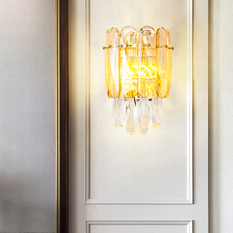 Postmodern Faceted Crystal Gold Sconce Light - Half-Cylinder Wall Mount For Bedroom