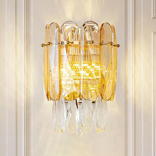 Postmodern Faceted Crystal Gold Sconce Light - Half-Cylinder Wall Mount For Bedroom