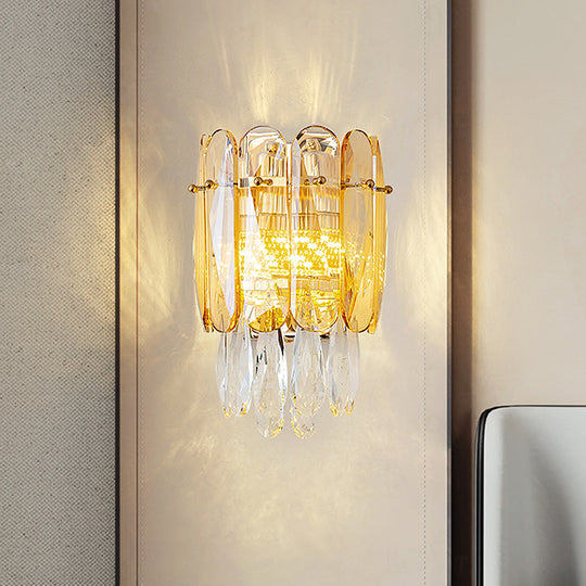Postmodern Faceted Crystal Gold Sconce Light - Half-Cylinder Wall Mount For Bedroom