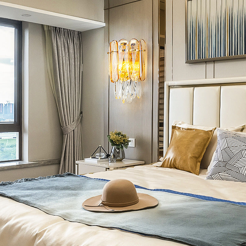 Postmodern Faceted Crystal Gold Sconce Light - Half-Cylinder Wall Mount For Bedroom