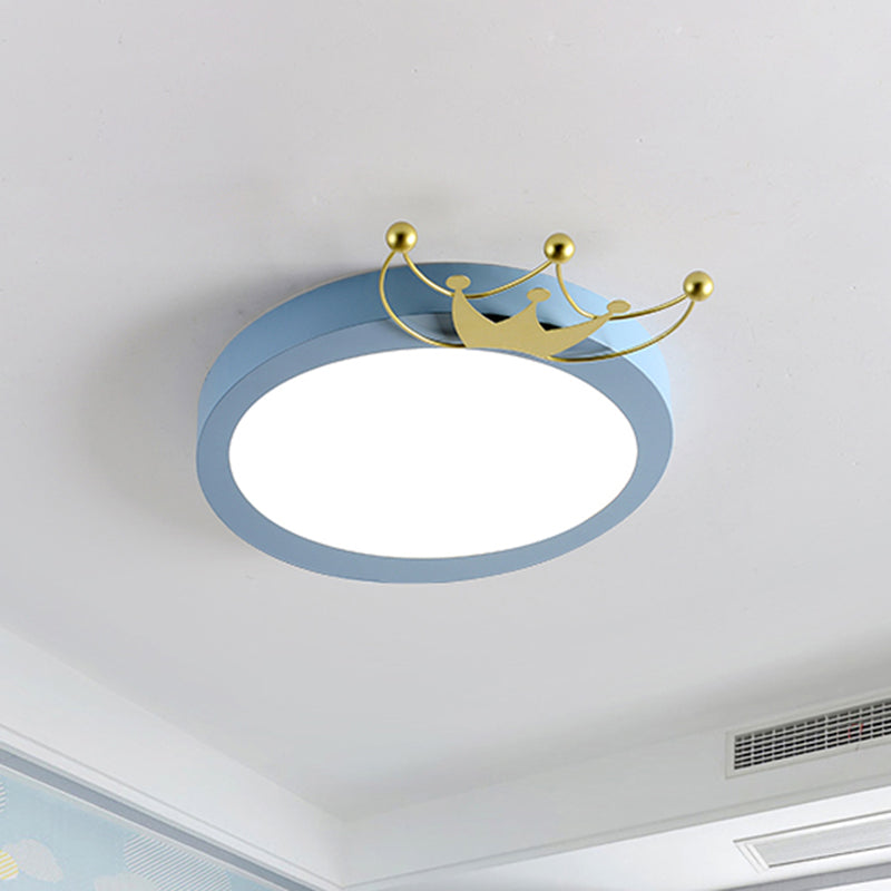 Nordic Drum Flushmount Lighting: Gold Crown Led Flush Light For Kids - Blue/Pink Warm/White