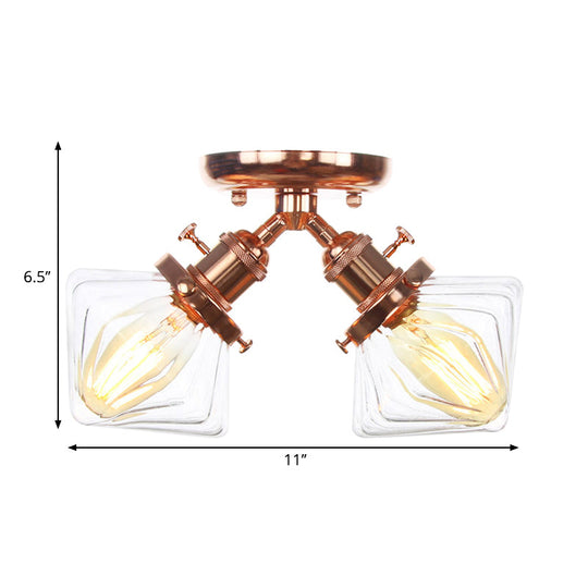 Diamond Amber/Clear Glass Semi Mount Farmhouse Light Fixture - 2 - Light Flush Black/Bronze Design