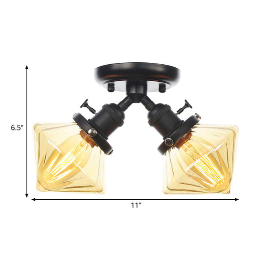 Diamond Amber/Clear Glass Semi Mount Farmhouse Light Fixture - 2 - Light Flush Black/Bronze Design
