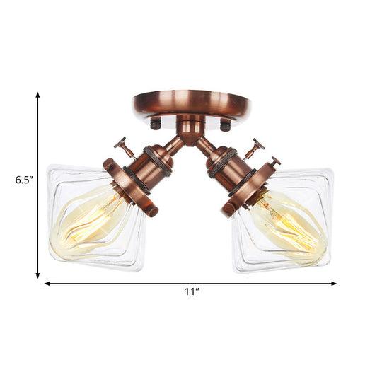 Diamond Amber/Clear Glass Semi Mount Farmhouse Light Fixture - 2 - Light Flush Black/Bronze Design
