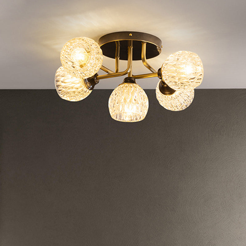 Ultra - Contemporary 5 - Light Bowl Semi Flush Chandelier - Ribbed Glass Ceiling Light For Bedroom