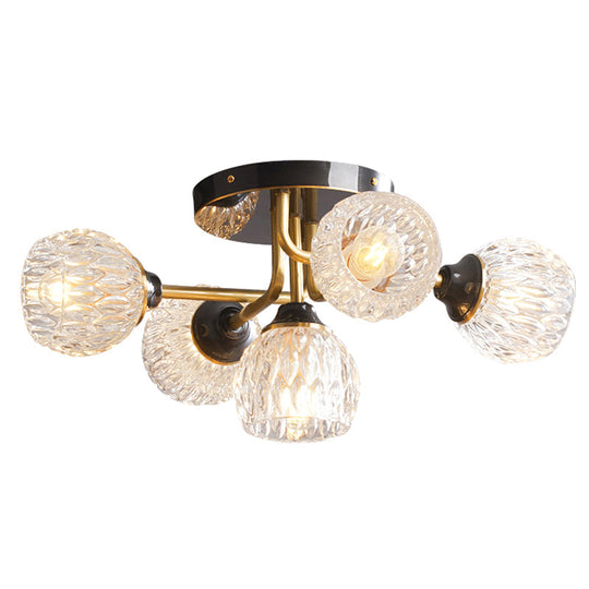 Ultra - Contemporary 5 - Light Bowl Semi Flush Chandelier - Ribbed Glass Ceiling Light For Bedroom