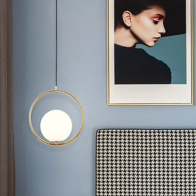 Mid-Century Opal Frosted Glass Globe Pendant Light With Hanging Lamp – 1