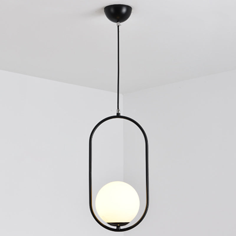 White Glass Pendant Light With Mid-Century Globe Design And Metal Ring Black / 16’
