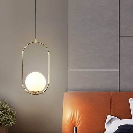 Mid-Century Globe Pendant Lamp With White Glass Shade And Metal Ring