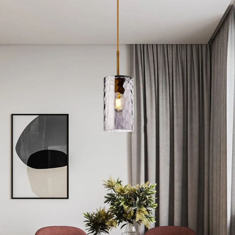 Modern Minimalist Ripple Glass Hanging Pendant Lamp For Dining Room - 1-Light Cylinder Design