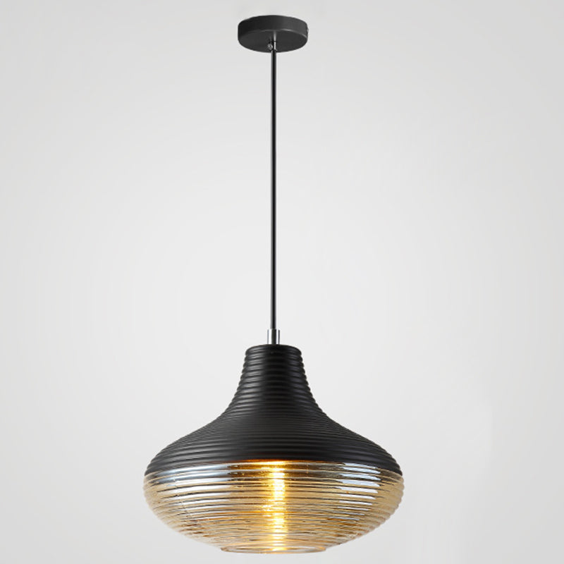 Modern Black Metal Pendant Light With Ribbed Glass Shade / 10.5