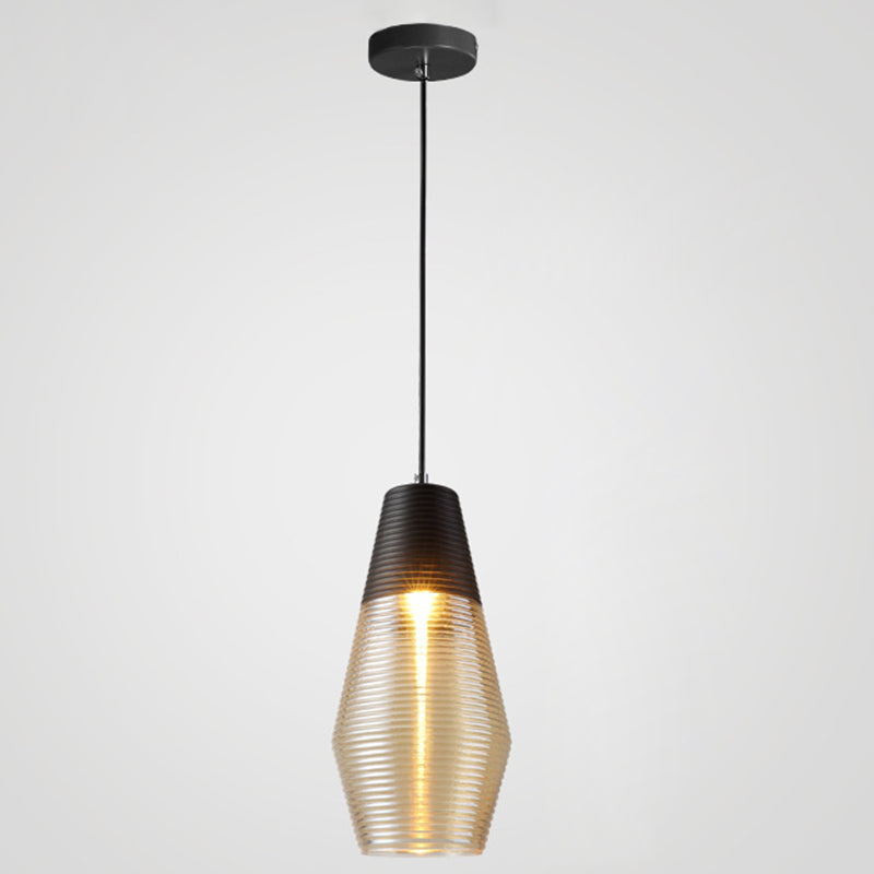 Modern Black Metal Pendant Light With Ribbed Glass Shade - 1-Light Hanging Lamp / 6.5’