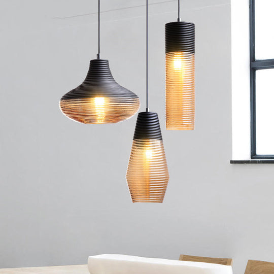 Modern Black Metal Pendant Light With Ribbed Glass Shade