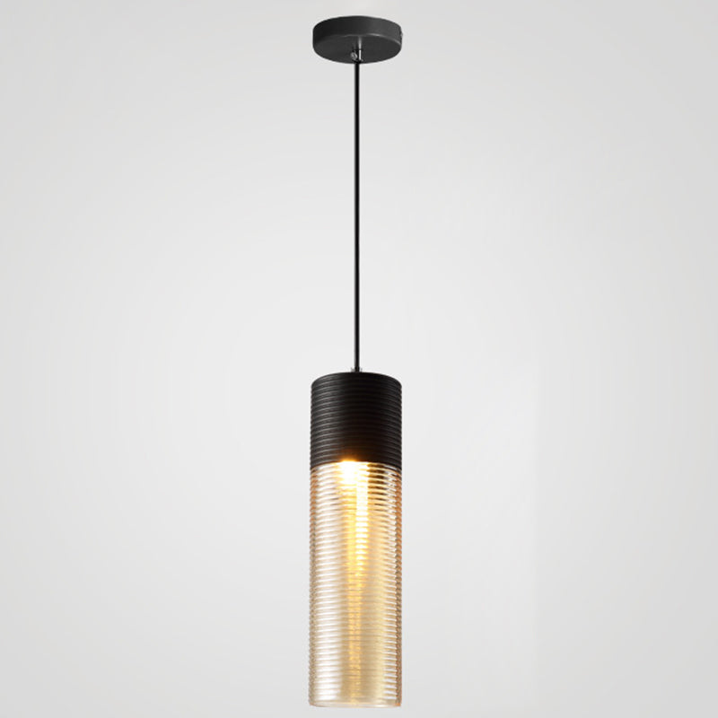 Modern Black Metal Pendant Light With Ribbed Glass Shade / 4