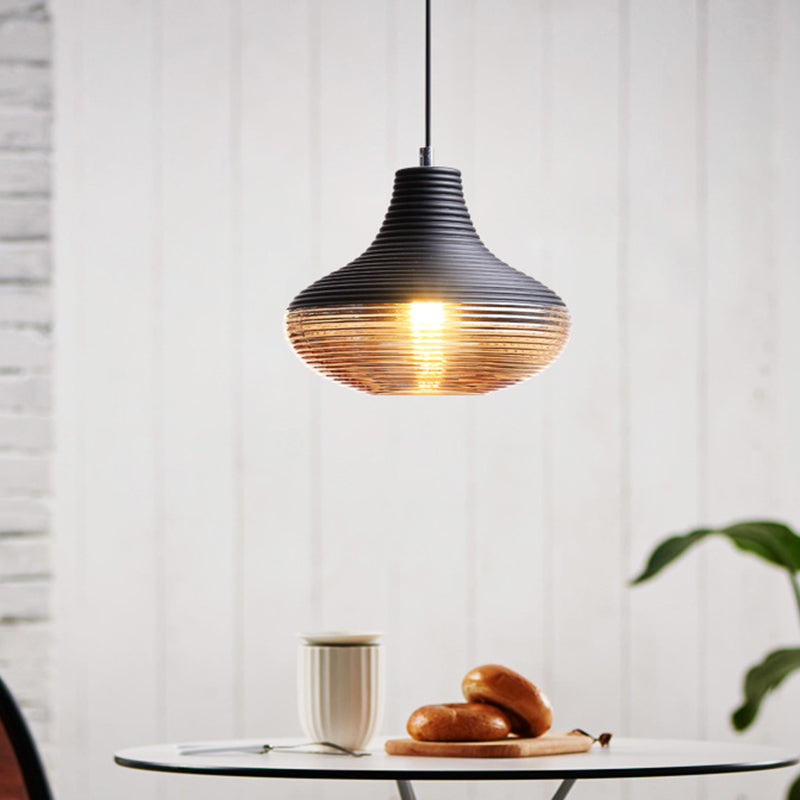 Modern Black Metal Pendant Light With Ribbed Glass Shade - 1-Light Hanging Lamp
