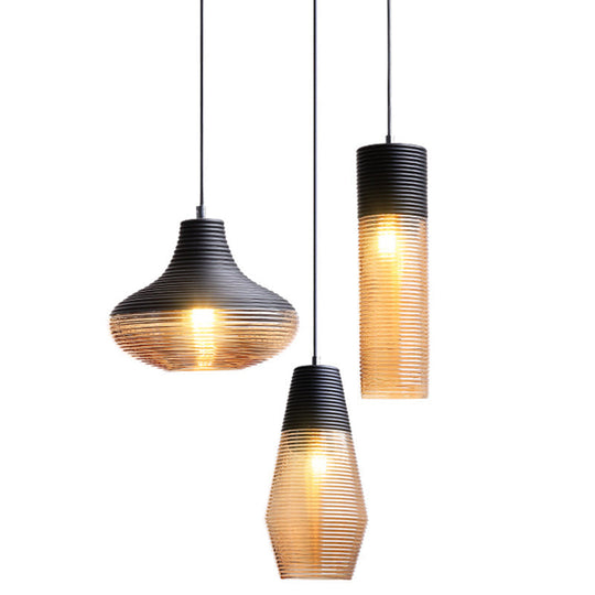 Modern Black Metal Pendant Light With Ribbed Glass Shade - 1-Light Hanging Lamp