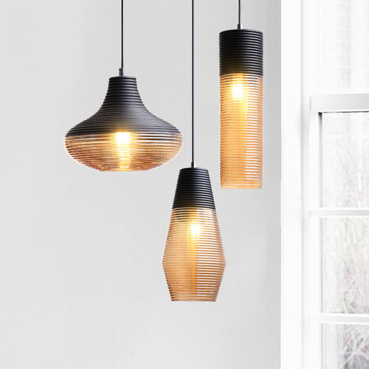 Modern Black Metal Pendant Light With Ribbed Glass Shade