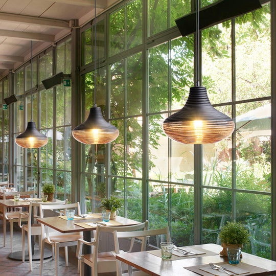 Modern Black Metal Pendant Light With Ribbed Glass Shade