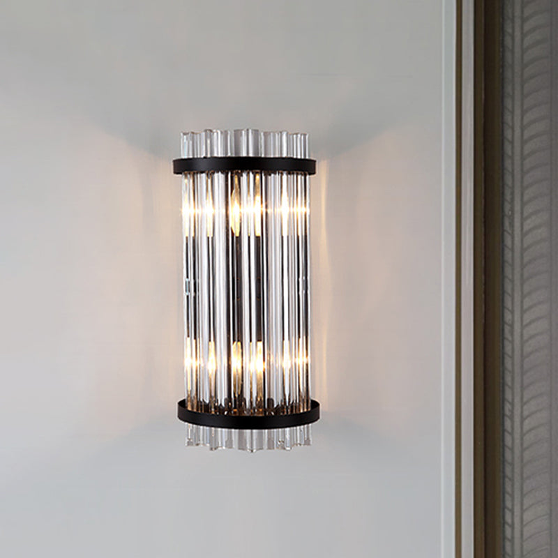 Modern 2-Head Tri-Sided Crystal Rod Cylinder Wall Mount Sconce Light Fixture In Black/Gold Black