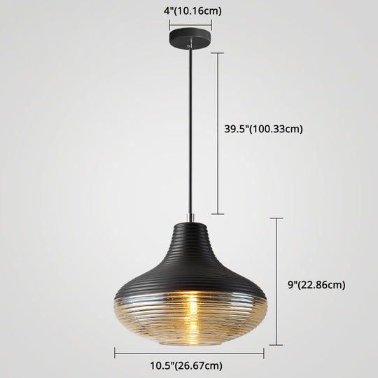 Modern Black Metal Pendant Light With Ribbed Glass Shade - 1-Light Hanging Lamp