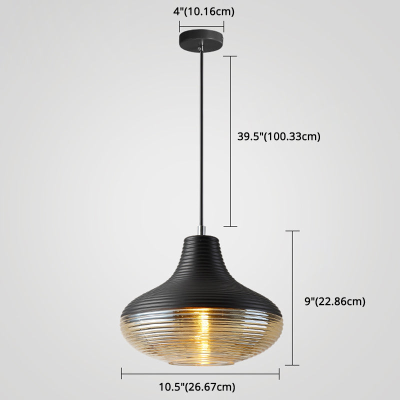 Modern Black Metal Pendant Light With Ribbed Glass Shade