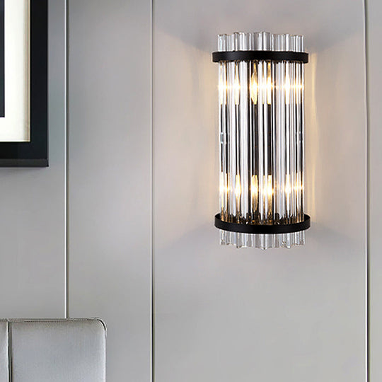 Modern 2-Head Tri-Sided Crystal Rod Cylinder Wall Mount Sconce Light Fixture In Black/Gold