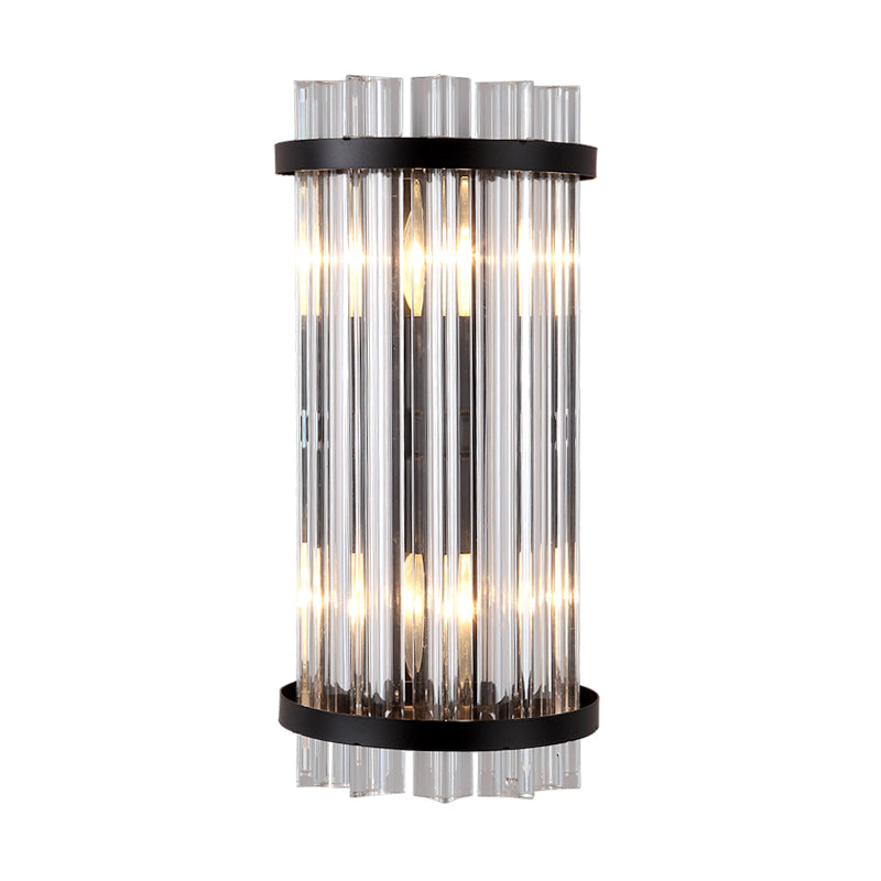 Modern 2-Head Tri-Sided Crystal Rod Cylinder Wall Mount Sconce Light Fixture In Black/Gold
