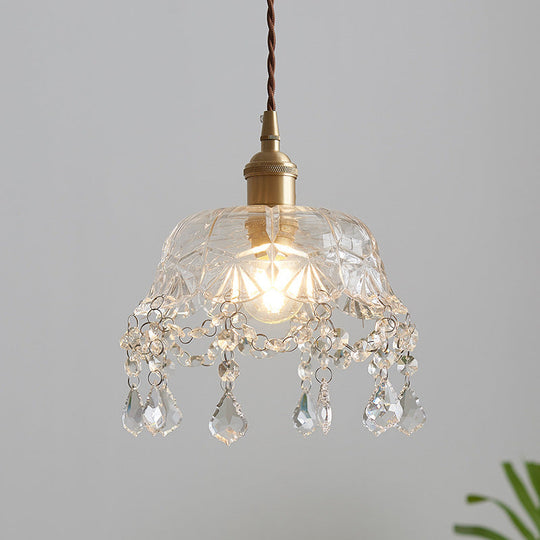 Vintage Brass Pendant Light With Clear Glass Shade Crystal Accents And Floral Design - Dining Room