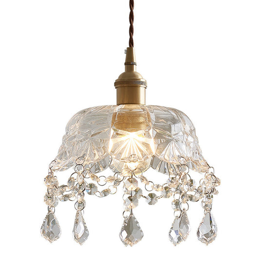 Vintage Brass Pendant Light With Clear Glass Shade And Crystal Drip - Floral Inspired Dining Room