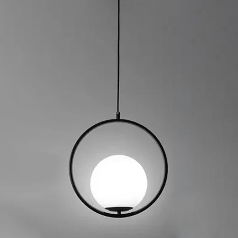 White Glass Pendant Light With Mid-Century Globe Design And Metal Ring