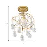 Contemporary Spiral Semi Flush Ceiling Lamp - Metallic 1 Light Golden Corridor With Crystal Drop