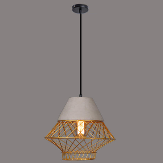 Retro Urban Wire Cage Pendant Light With Cement Top - Restaurant Hanging Lamp Gold