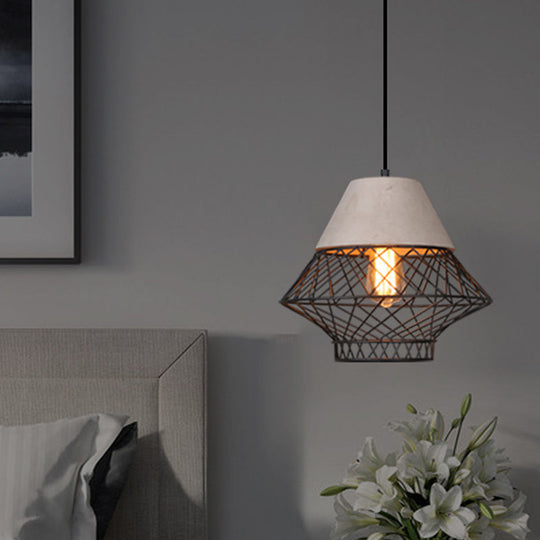 Retro Urban Wire Cage Pendant Light With Cement Top - Restaurant Hanging Lamp