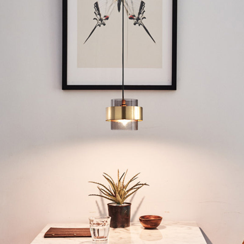 Modern Smoke Glass Pendant Light With Metal Ring - Cylindrical Minimalist Design