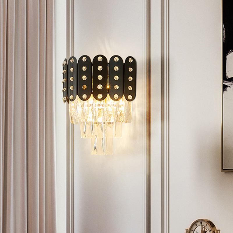 Clear Faceted Crystal Wall Lighting: 3-Light 3-Tier Mounted. Contemporary Design In Black.