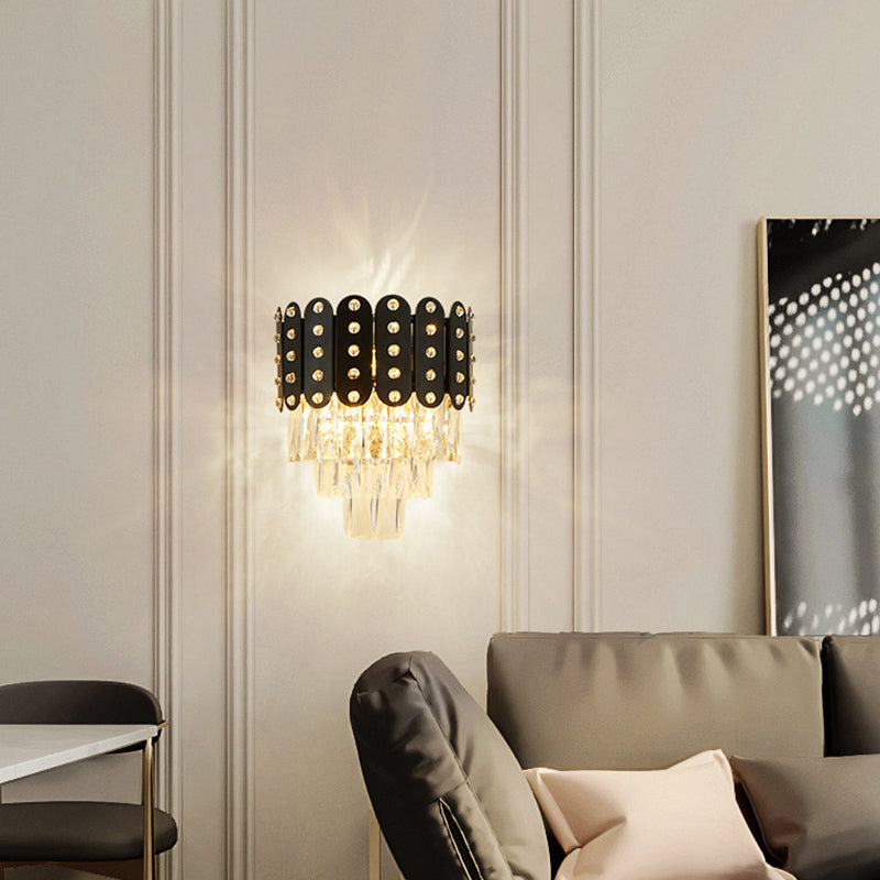 Clear Faceted Crystal Wall Lighting: 3-Light 3-Tier Mounted. Contemporary Design In Black.