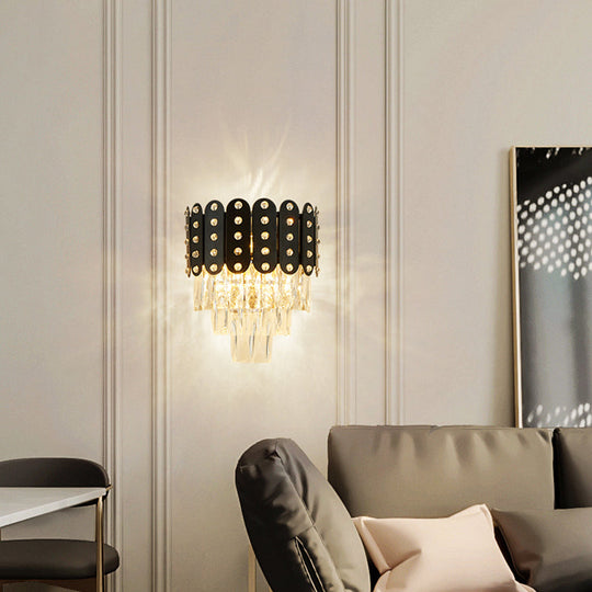 Clear Faceted Crystal Wall Lighting: 3-Light 3-Tier Mounted. Contemporary Design In Black.