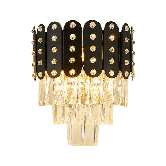 Clear Faceted Crystal Wall Lighting: 3-Light 3-Tier Mounted. Contemporary Design In Black.