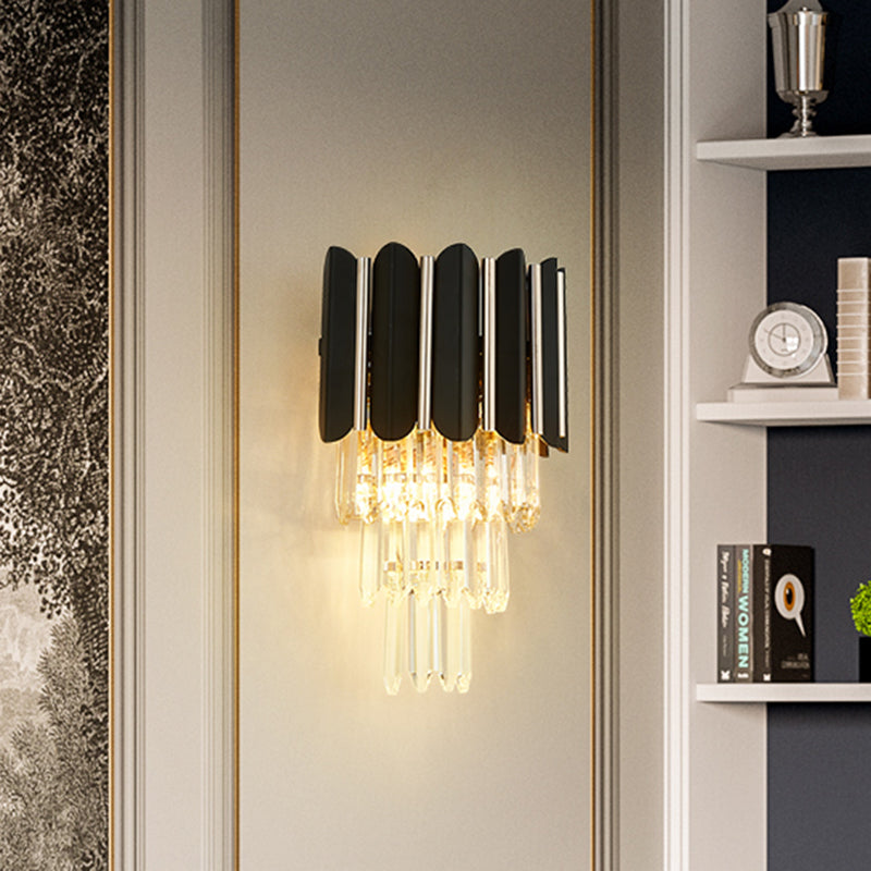 Modern Clear Crystal Wall Sconce Light - Black Tiered Design With 2 Lights